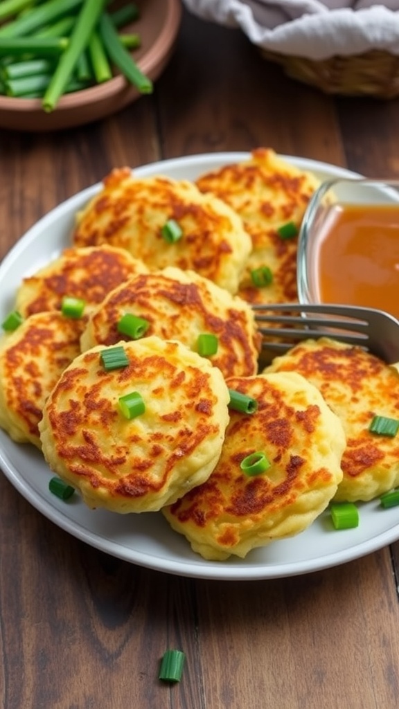 Crispy Mashed Potato Cakes Recipe Crispy mashed potato cakes served with green onions and a dipping sauce on a rustic table.